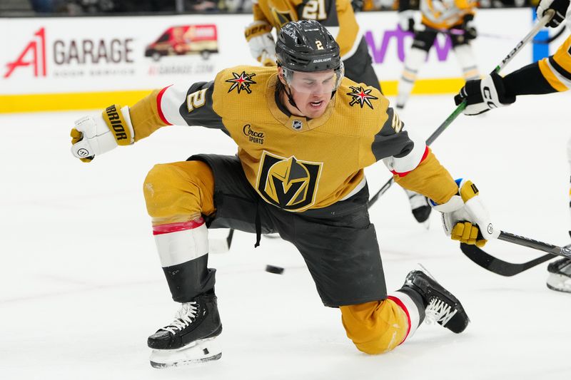 Jan 20, 2024; Las Vegas, Nevada, USA; Vegas Golden Knights defenseman Zach Whitecloud (2) attempts to block a Pittsburgh Penguins shot during the second period at T-Mobile Arena. Mandatory Credit: Stephen R. Sylvanie-USA TODAY Sports