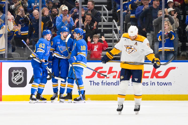 Dec 27, 2025; St. Louis, Missouri, USA; St. Louis Blues left wing Pavel Buchnevich (89) is congratulated by left wing Jake Neighbours (63) and center Robert Thomas (18) after scoring against the Nashville Predators during the first period at Enterprise Center. Mandatory Credit: Jeff Curry-Imagn Images