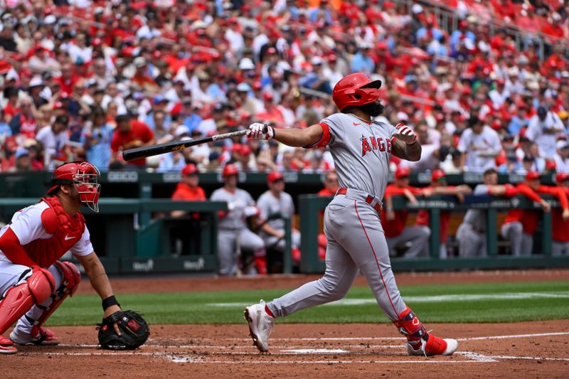 May 4, 2023; St. Louis, Missouri, USA;  Los Angeles Angels second baseman Luis Rengifo (2) hits a three run home run against the St. Louis Cardinals during the second inning at Busch Stadium. Mandatory Credit: Jeff Curry-USA TODAY Sports