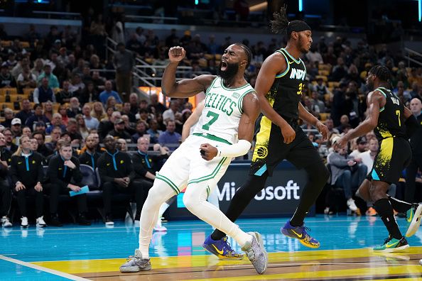 INDIANAPOLIS, INDIANA - DECEMBER 04: Jaylen Brown #7 of the Boston Celtics reacts after dunking the ball in the first quarter against the Indiana Pacers during the NBA In-Season Tournament at Gainbridge Fieldhouse on December 04, 2023 in Indianapolis, Indiana. NOTE TO USER: User expressly acknowledges and agrees that, by downloading and or using this photograph, User is consenting to the terms and conditions of the Getty Images License Agreement. (Photo by Dylan Buell/Getty Images)