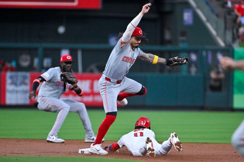 Sep 11, 2024; St. Louis, Missouri, USA;  St. Louis Cardinals shortstop Masyn Winn (0) steals second as Cincinnati Reds second baseman Jonathan India (6) receives the throw during the first inning at Busch Stadium. Mandatory Credit: Jeff Curry-Imagn Images