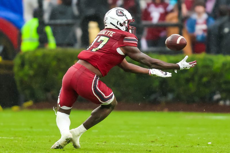 Nov 11, 2023; Columbia, South Carolina, USA; South Carolina Gamecocks wide receiver Xavier Legette (17) bobbles then catches a ball against the Vanderbilt Commodores in the second quarter at Williams-Brice Stadium. Mandatory Credit: Jeff Blake-USA TODAY Sports