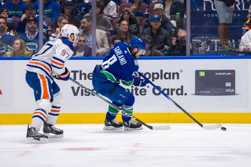 May 8, 2024; Vancouver, British Columbia, CAN; Vancouver Canucks forward Conor Garland (8) drives past Edmonton Oilers forward Connor McDavid (97) during the first period in game one of the second round of the 2024 Stanley Cup Playoffs at Rogers Arena. Mandatory Credit: Bob Frid-USA TODAY Sports