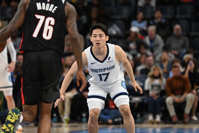 MEMPHIS, TN - NOVEMBER 25: Yuki Kawamura #17 of the Memphis Grizzlies plays defense during the game against the Portland Trail Blazers on November 25, 2024 at FedExForum in Memphis, Tennessee. NOTE TO USER: User expressly acknowledges and agrees that, by downloading and or using this photograph, User is consenting to the terms and conditions of the Getty Images License Agreement. Mandatory Copyright Notice: Copyright 2024 NBAE (Photo by Grant Burke/NBAE via Getty Images)