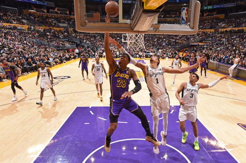 LOS ANGELES, CA - FEBRUARY 23: Rui Hachimura #28 of the Los Angeles Lakers drives to the basket during the game against the San Antonio Spurs on Feburary 23, 2024 at Crypto.Com Arena in Los Angeles, California. NOTE TO USER: User expressly acknowledges and agrees that, by downloading and/or using this Photograph, user is consenting to the terms and conditions of the Getty Images License Agreement. Mandatory Copyright Notice: Copyright 2024 NBAE (Photo by Andrew D. Bernstein/NBAE via Getty Images)