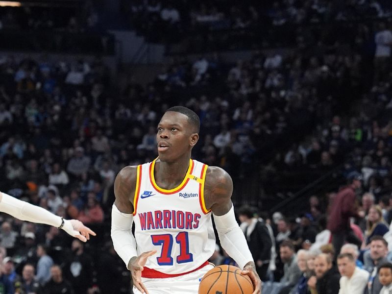 MINNEAPOLIS, MN -  JANUARY 15:  Dennis Schroder #71 of the Golden State Warriors dribbles the ball during the game against the Minnesota Timberwolves on January 15, 2025 at Target Center in Minneapolis, Minnesota. NOTE TO USER: User expressly acknowledges and agrees that, by downloading and or using this Photograph, user is consenting to the terms and conditions of the Getty Images License Agreement. Mandatory Copyright Notice: Copyright 2025 NBAE (Photo by Jordan Johnson/NBAE via Getty Images)