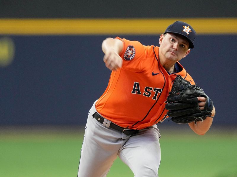 May 24, 2023; Milwaukee, Wisconsin, USA; Houston Astros relief pitcher Brandon Bielak (64) throws during the first inning of their game against the Milwaukee Brewers at American Family Field. Mandatory Credit: Mark Hoffman-USA TODAY Sports