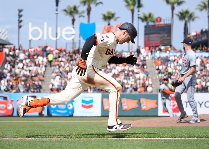 Aug 11, 2024; San Francisco, California, USA; San Francisco Giants right fielder Mark Canha (16) grounds into a fielder’s choice against the Detroit Tigers during the eighth inning at Oracle Park. Mandatory Credit: Kelley L Cox-USA TODAY Sports