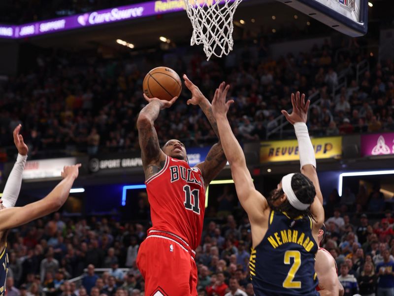 INDIANAPOLIS, IN - MARCH 13:  DeMar DeRozan #11 of the Chicago Bulls goes to the basket during the game on March 13, 2024 at Gainbridge Fieldhouse in Indianapolis, Indiana. NOTE TO USER: User expressly acknowledges and agrees that, by downloading and or using this Photograph, user is consenting to the terms and conditions of the Getty Images License Agreement. Mandatory Copyright Notice: Copyright 2024 NBAE (Photo by Pepper Robinson/NBAE via Getty Images)