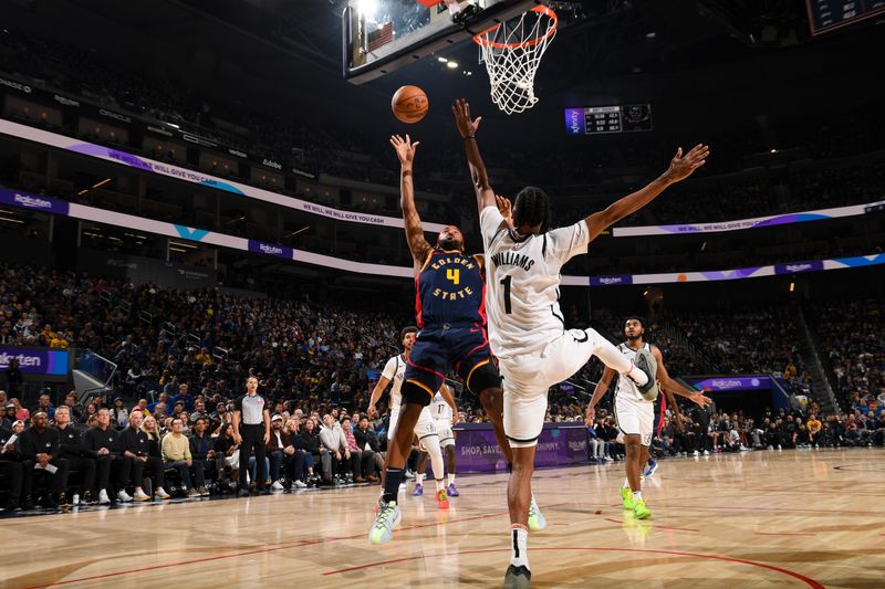 SAN FRANCISCO, CA - NOVEMBER 25: Moses Moody #4 of the Golden State Warriors shoots the ball during the game against the Brooklyn Nets on November 25, 2024 at Chase Center in San Francisco, California. NOTE TO USER: User expressly acknowledges and agrees that, by downloading and or using this photograph, user is consenting to the terms and conditions of Getty Images License Agreement. Mandatory Copyright Notice: Copyright 2024 NBAE (Photo by Noah Graham/NBAE via Getty Images)