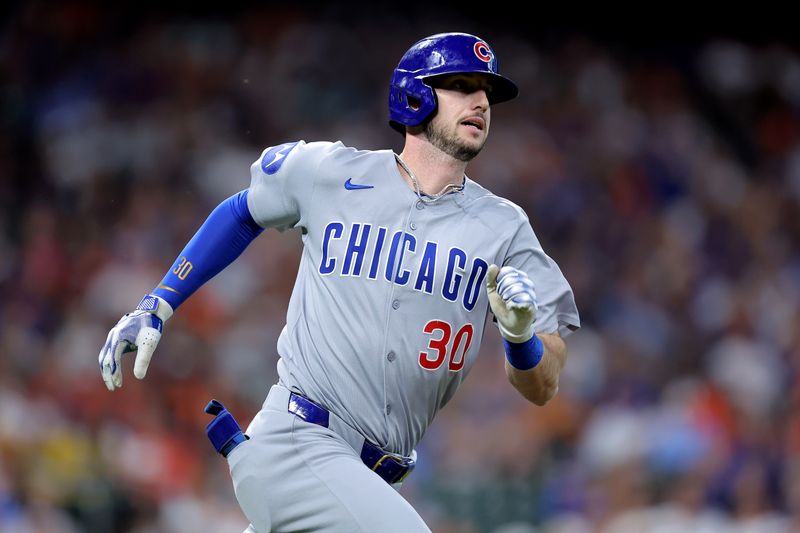 Jun 29, 2025; Houston, Texas, USA; Chicago Cubs right fielder Kyle Tucker (30) runs up the base line after hitting a double Houston Astros during the first inning at Daikin Park. Mandatory Credit: Erik Williams-Imagn Images