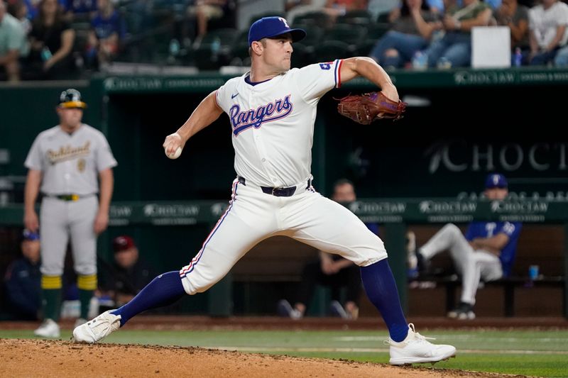 Aug 31, 2024; Arlington, Texas, USA; Texas Rangers relief pitcher David Robertson (37) throws to the plate during the eighth inning against the Oakland Athletics at Globe Life Field. Mandatory Credit: Raymond Carlin III-USA TODAY Sports