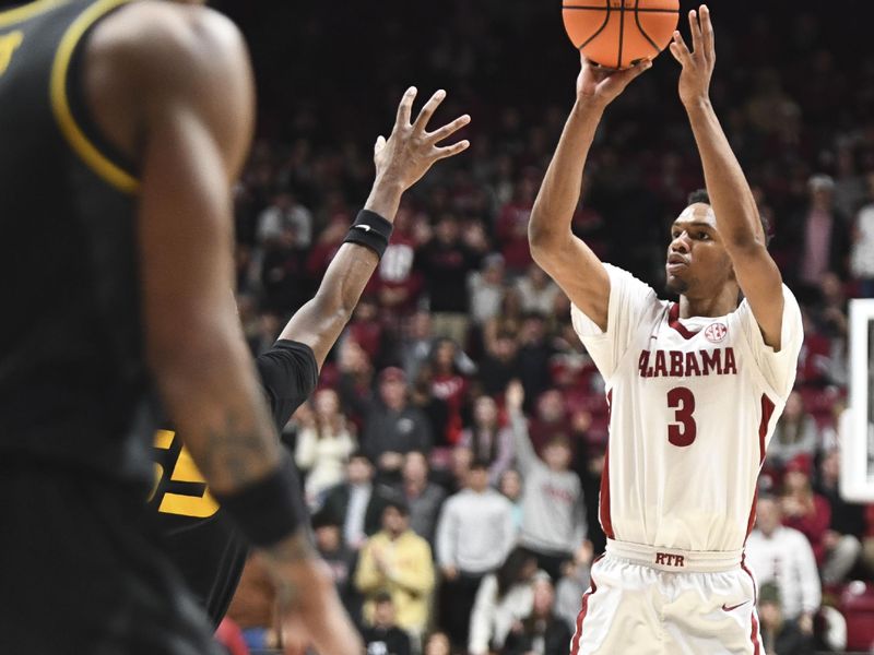 Jan 16, 2024; Tuscaloosa, Alabama, USA; Alabama guard Rylan Griffen (3) shoots a made three-pointer against Missouri in the game at Coleman Coliseum. Mandatory Credit: Gary Cosby Jr.-USA TODAY Sports