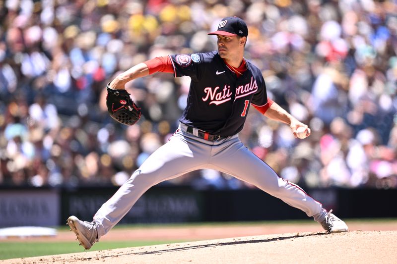 Jun 25, 2023; San Diego, California, USA; Washington Nationals starting pitcher MacKenzie Gore (1) throws a pitch against the San Diego Padres during the first inning at Petco Park. Mandatory Credit: Orlando Ramirez-USA TODAY Sports