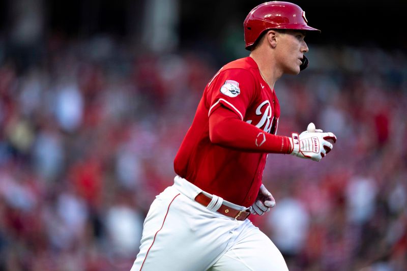 Sep 23, 2023; Cincinnati, Ohio, USA; Cincinnati Reds catcher Tyler Stephenson (37) rounds the bases after hitting a solo home run in the first inning against the Pittsburgh Pirates at Great American Ball Park. Mandatory Credit: The Cincinnati Enquirer-USA TODAY Sports