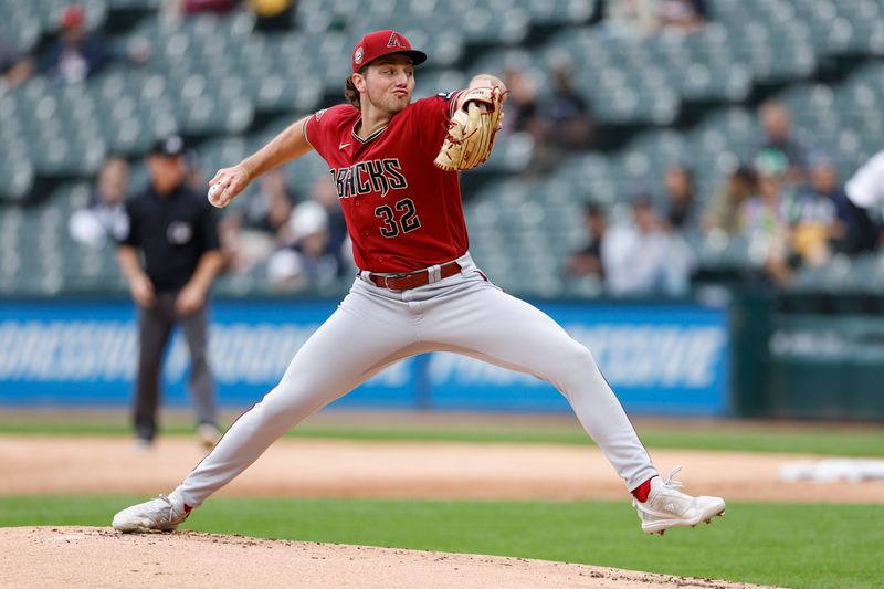 Sep 27, 2023; Chicago, Illinois, USA; Arizona Diamondbacks starting pitcher Brandon Pfaadt (32) delivers a pitch against the Chicago White Sox during the first inning at Guaranteed Rate Field. Mandatory Credit: Kamil Krzaczynski-USA TODAY Sports