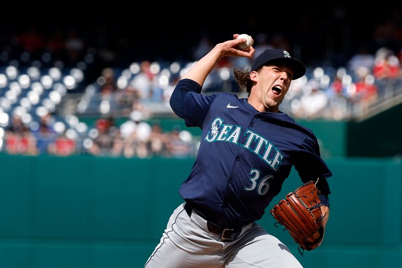 May 25, 2024; Washington, District of Columbia, USA; Seattle Mariners starting pitcher Logan Gilbert (36) pitches against the Washington Nationals during the first inning at Nationals Park. Mandatory Credit: Geoff Burke-USA TODAY Sports