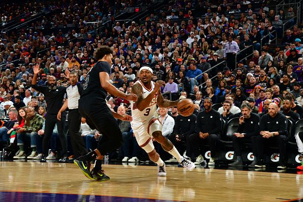 PHOENIX, AZ -DECEMBER 13: Bradley Beal #3 of the Phoenix Suns dribbles the ball during the game against the Brooklyn Nets on December 13, 2023 at Footprint Center in Phoenix, Arizona. NOTE TO USER: User expressly acknowledges and agrees that, by downloading and or using this photograph, user is consenting to the terms and conditions of the Getty Images License Agreement. Mandatory Copyright Notice: Copyright 2023 NBAE (Photo by Kate Frese/NBAE via Getty Images)