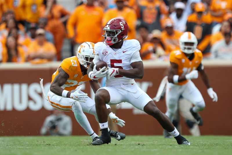 Oct 19, 2024; Knoxville, Tennessee, USA; Alabama Crimson Tide wide receiver Germie Bernard (5) runs the ball against the Tennessee Volunteers during the second quarter at Neyland Stadium. Mandatory Credit: Randy Sartin-Imagn Images