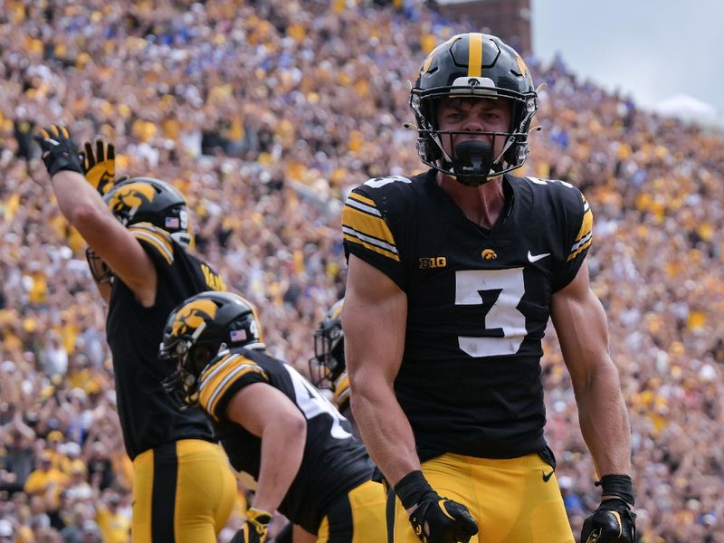 Sep 3, 2022; Iowa City, Iowa, USA; Iowa Hawkeyes defensive back Cooper DeJean (3) reacts after the Hawkeyes score on a safety against the South Dakota State Jackrabbits during the third quarter at Kinnick Stadium. Mandatory Credit: Jeffrey Becker-USA TODAY Sports