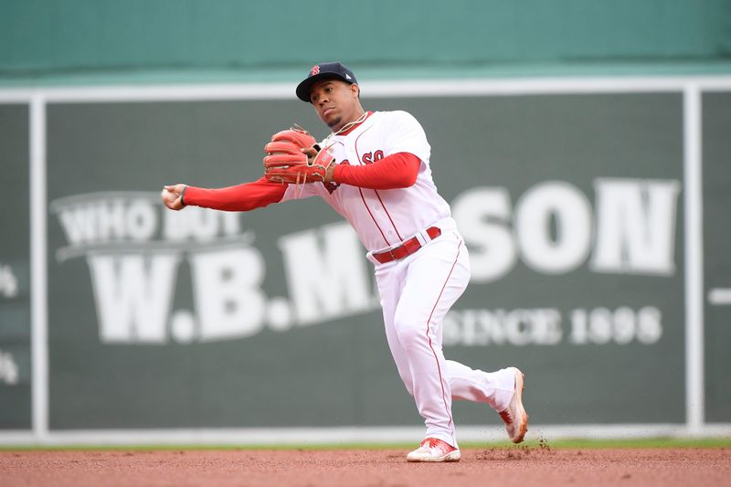 Sep 24, 2023; Boston, Massachusetts, USA; Boston Red Sox second baseman Enmanuel Valdez (47) throws to first base for an out during the third inning against the Chicago White Sox at Fenway Park. Mandatory Credit: Bob DeChiara-USA TODAY Sports