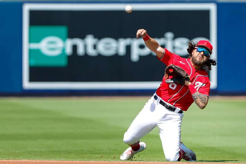 Mar 2, 2023; West Palm Beach, Florida, USA; Washington Nationals second baseman Michael Chavis (6) throws to first base to take out Miami Marlins center fielder Bryan De La Cruz (not pictured) during the first inning at The Ballpark of the Palm Beaches. Mandatory Credit: Sam Navarro-USA TODAY Sports