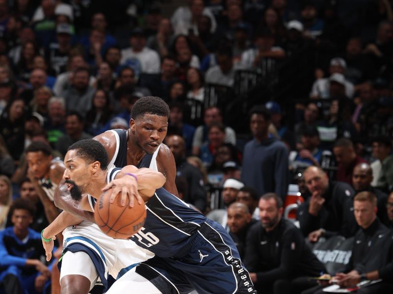 MINNEAPOLIS, MN -  OCTOBER 29: Anthony Edwards #5 of the Minnesota Timberwolves plays defense during the game against the Dallas Mavericks on October 29, 2024 at Target Center in Minneapolis, Minnesota. NOTE TO USER: User expressly acknowledges and agrees that, by downloading and or using this Photograph, user is consenting to the terms and conditions of the Getty Images License Agreement. Mandatory Copyright Notice: Copyright 2024 NBAE (Photo by David Sherman/NBAE via Getty Images)