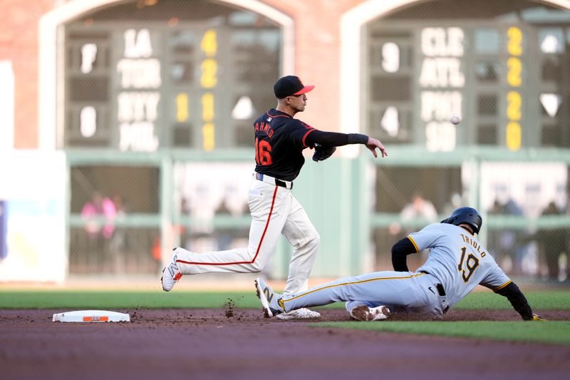 Apr 27, 2024; San Francisco, California, USA; San Francisco Giants shortstop Nick Ahmed (16) throws the ball to first base to compete a double play after forcing out Pittsburgh Pirates second baseman Jared Triolo (19) during the third inning at Oracle Park. Mandatory Credit: Darren Yamashita-USA TODAY Sports