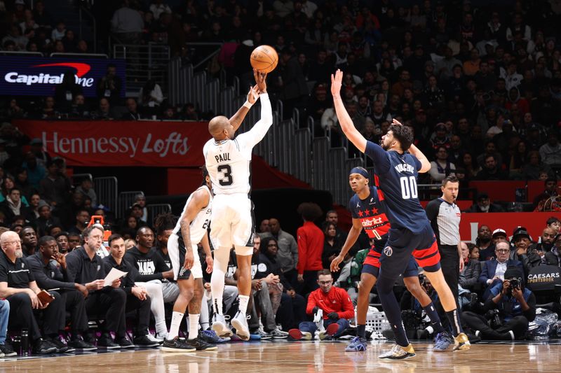 WASHINGTON, DC - FEBRUARY 10: Chris Paul #3 of the San Antonio Spurs shoots the ball during the game against the Washington Wizards on February 10, 2025 at Capital One Arena in Washington, DC. NOTE TO USER: User expressly acknowledges and agrees that, by downloading and or using this Photograph, user is consenting to the terms and conditions of the Getty Images License Agreement. Mandatory Copyright Notice: Copyright 2025 NBAE (Photo by Stephen Gosling/NBAE via Getty Images)