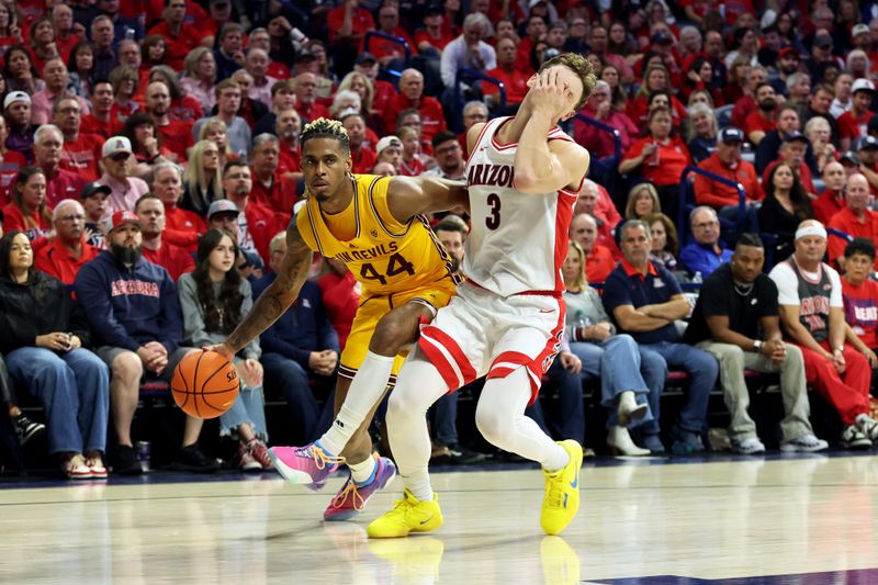 Feb 17, 2024; Tucson, Arizona, USA; Arizona State Sun Devils forward Bryant Selebangue (24) drives to the net against Arizona Wildcats guard Pelle Larsson (3) during the first half at McKale Center. Mandatory Credit: Zachary BonDurant-USA TODAY Sports