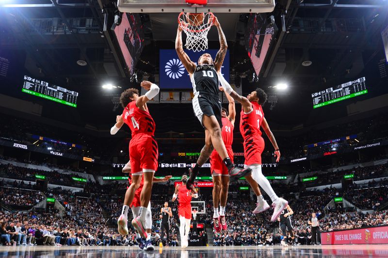 SAN ANTONIO, TX - JANUARY 26: Jeremy Sochan #10 of the San Antonio Spurs dunks the ball during the game against the Portland Trail Blazers on January 26, 2024 at the Frost Bank Center in San Antonio, Texas. NOTE TO USER: User expressly acknowledges and agrees that, by downloading and or using this photograph, user is consenting to the terms and conditions of the Getty Images License Agreement. Mandatory Copyright Notice: Copyright 2024 NBAE (Photos by Michael Gonzales/NBAE via Getty Images)