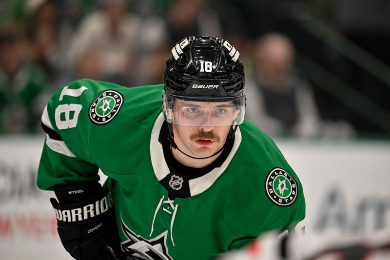 Nov 7, 2024; Dallas, Texas, USA; Dallas Stars center Sam Steel (18) waits for the face-off against the Chicago Blackhawks during the second period at the American Airlines Center. Mandatory Credit: Jerome Miron-Imagn Images