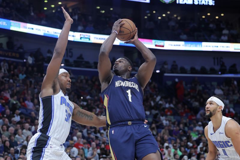 NEW ORLEANS, LOUISIANA - APRIL 03: Zion Williamson #1 of the New Orleans Pelicans shoots against Wendell Carter Jr. #34 of the Orlando Magic during a game at the Smoothie King Center on April 03, 2024 in New Orleans, Louisiana. NOTE TO USER: User expressly acknowledges and agrees that, by downloading and or using this Photograph, user is consenting to the terms and conditions of the Getty Images License Agreement. (Photo by Jonathan Bachman/Getty Images)