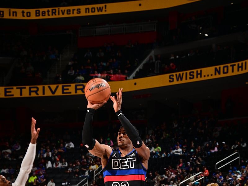 DETROIT, MI - MARCH 1: Jaden Ivey #23 of the Detroit Pistons shoots a three point basket during the game against the Cleveland Cavaliers on March 1, 2024 at Little Caesars Arena in Detroit, Michigan. NOTE TO USER: User expressly acknowledges and agrees that, by downloading and/or using this photograph, User is consenting to the terms and conditions of the Getty Images License Agreement. Mandatory Copyright Notice: Copyright 2024 NBAE (Photo by Chris Schwegler/NBAE via Getty Images)