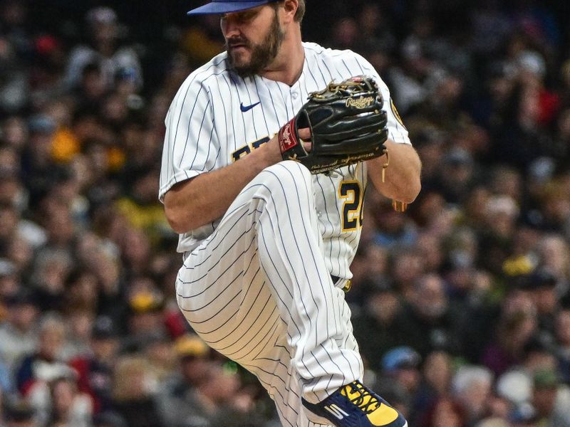 Apr 22, 2023; Milwaukee, Wisconsin, USA; Milwaukee Brewers pitcher Wade Miley (20) throws a pitch in the first inning against the Boston Red Sox at American Family Field. Mandatory Credit: Benny Sieu-USA TODAY Sports