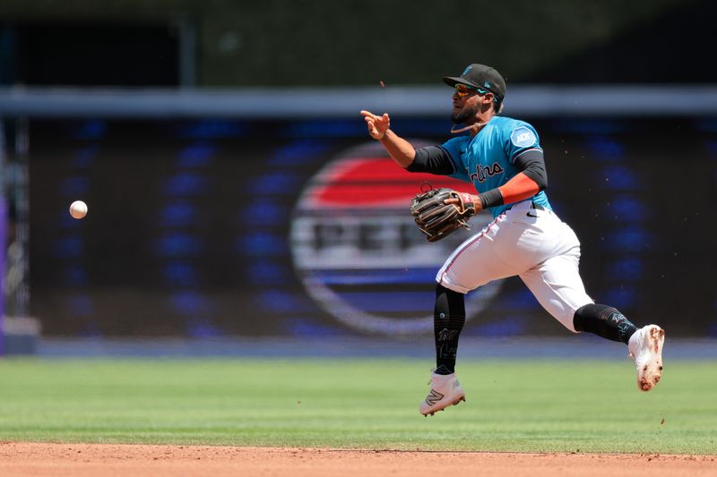 Apr 13, 2025; Miami, Florida, USA; Miami Marlins second baseman Otto Lopez (6) tosses the ball to shortstop Xavier Edwards (not pictured) to retire Washington Nationals left fielder James Wood (not pictured) during the third inning at loanDepot Park. Mandatory Credit: Sam Navarro-Imagn Images