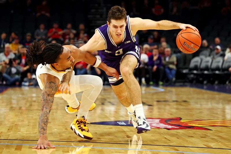 Dec 20, 2023; Phoenix, Arizona, USA; Northwestern Wildcats guard Ryan Langborg (5) drives to the basket against Arizona State Sun Devils guard Frankie Collins (1) during the first half during the Hall of Series at Footprint Center. Mandatory Credit: Mark J. Rebilas-USA TODAY Sports