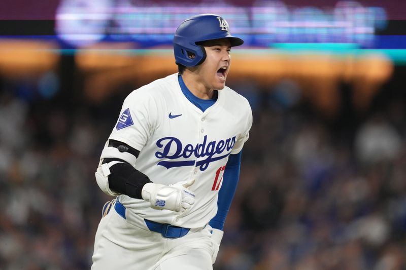 Sep 25, 2024; Los Angeles, California, USA; Los Angeles Dodgers designated hitter Shohei Ohtani (17) reacts after hitting an RBI single in the sixth inning against the San Diego Padres at Dodger Stadium. Mandatory Credit: Kirby Lee-Imagn Images