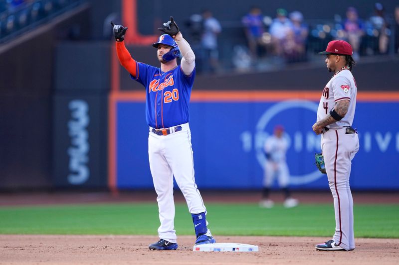 Sep 14, 2023; New York City, New York, USA; New York Mets first baseman Pete Alonso (20) reacts to hitting an RBI double against the Arizona Diamondbacks during the fifth inning at Citi Field. Mandatory Credit: Gregory Fisher-USA TODAY Sports