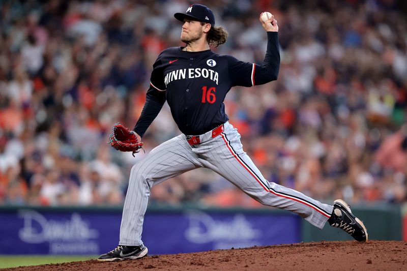 Jun 2, 2024; Houston, Texas, USA;Minnesota Twins pitcher Steven Okert (16) delivers a pitch against the Houston Astros during the seventh inning at Minute Maid Park. Mandatory Credit: Erik Williams-USA TODAY Sports