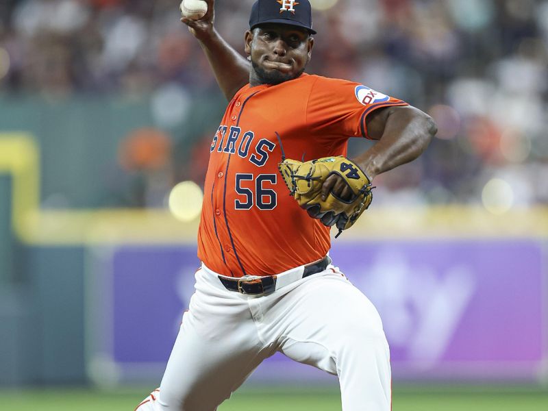 May 3, 2024; Houston, Texas, USA; Houston Astros starting pitcher Ronel Blanco (56) delivers a pitch during the second inning against the Seattle Mariners at Minute Maid Park. Mandatory Credit: Troy Taormina-USA TODAY Sports