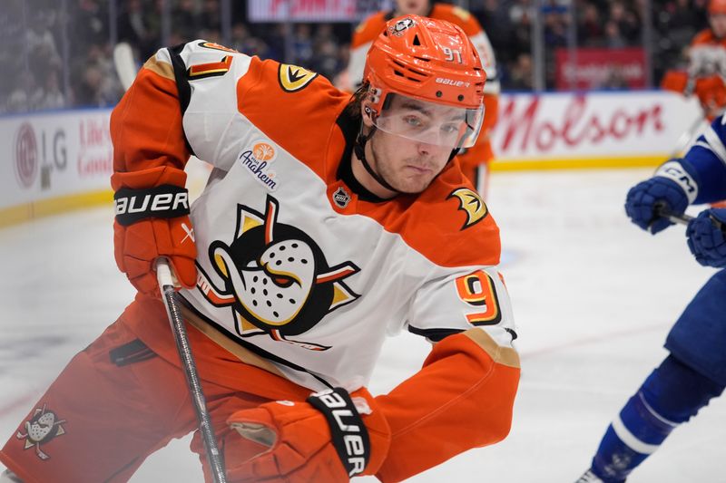 Mar 12, 2026; Toronto, Ontario, CAN; Anaheim Ducks forward Leo Carlsson (91) skates against the Toronto Maple Leafs during the third period at Scotiabank Arena. Mandatory Credit: John E. Sokolowski-Imagn Images