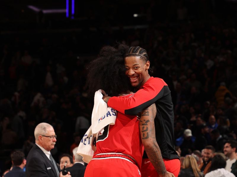 NEW YORK, NY - NOVEMBER 13: Coby White #0 and Dalen Terry #25 of the Chicago Bulls embrace after the game against the New York Knicks on November 13, 2024 at Madison Square Garden in New York City, New York.  NOTE TO USER: User expressly acknowledges and agrees that, by downloading and or using this photograph, User is consenting to the terms and conditions of the Getty Images License Agreement. Mandatory Copyright Notice: Copyright 2024 NBAE  (Photo by Joe Murphy/NBAE via Getty Images)