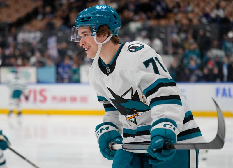 Mar 3, 2025; Toronto, Ontario, CAN; San Jose Sharks forward Macklin Celebrini (71) skates during warm up before a game against the Toronto Maple Leafs at Scotiabank Arena. Mandatory Credit: John E. Sokolowski-Imagn Images