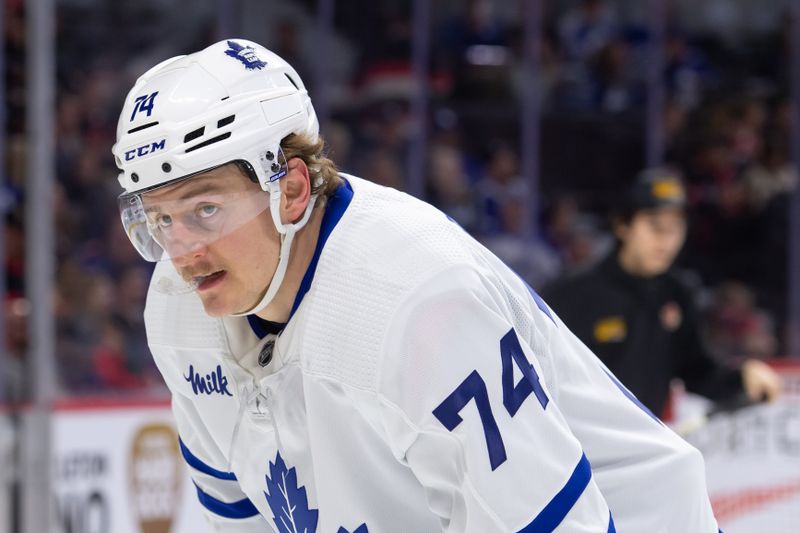 Feb 10, 2024; Ottawa, Ontario, CAN; Toronto Maple Leafs center Bobby McCann (74) skates in the second period agains the Ottawa Senators at the Canadian Tire Centre. Mandatory Credit: Marc DesRosiers-USA TODAY Sports