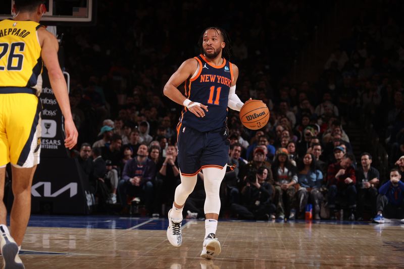 NEW YORK, NY - FEBRUARY 1: Jalen Brunson #11 of the New York Knicks dribbles the ball during the game against the Indiana Pacers on February 1, 2024 at Madison Square Garden in New York City, New York.  NOTE TO USER: User expressly acknowledges and agrees that, by downloading and or using this photograph, User is consenting to the terms and conditions of the Getty Images License Agreement. Mandatory Copyright Notice: Copyright 2024 NBAE  (Photo by Nathaniel S. Butler/NBAE via Getty Images)