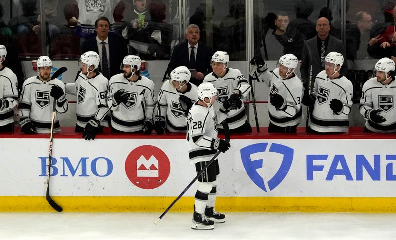 Jan 22, 2023; Chicago, Illinois, USA; Los Angeles Kings center Jaret Anderson-Dolan (28) celebrates his goal against the Chicago Blackhawks during the second period at United Center. Mandatory Credit: David Banks-USA TODAY Sports