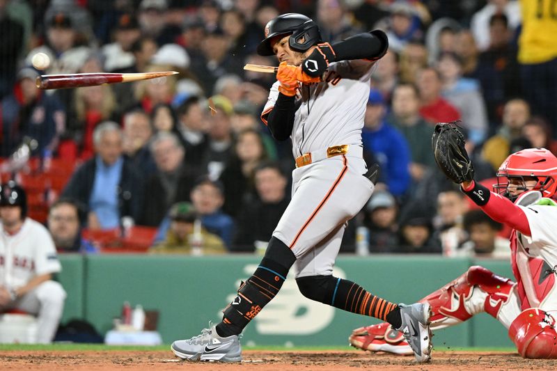 Apr 30, 2024; Boston, Massachusetts, USA; San Francisco Giants second baseman Thairo Estrada (39) breaks his bat during the eighth inning of a game against the Boston Red Sox at Fenway Park. Mandatory Credit: Brian Fluharty-USA TODAY Sports