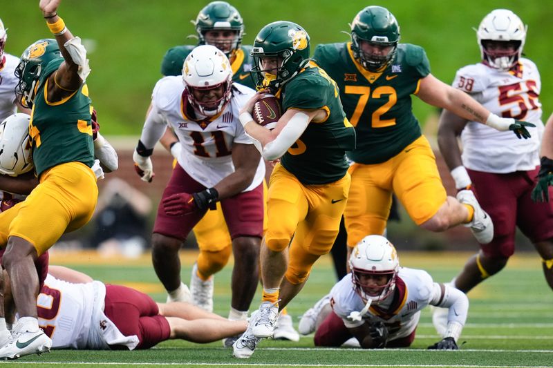 Oct 28, 2023; Waco, Texas, USA;  Baylor Bears running back Dawson Pendergrass (35) runs the ball past Iowa State Cyclones defensive lineman Tyler Onyedim (11) during the second half at McLane Stadium. Mandatory Credit: Chris Jones-USA TODAY Sports