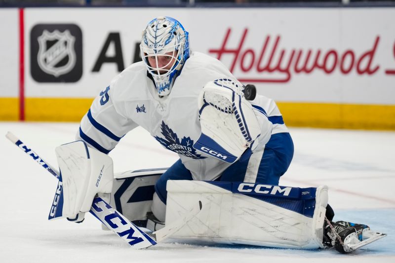 Oct 22, 2024; Columbus, Ohio, USA; Toronto Maple Leafs goaltender Dennis Hildeby (35) is unable to make a save against the Columbus Blue Jackets during the second period at Nationwide Arena. Mandatory Credit: Aaron Doster-Imagn Images